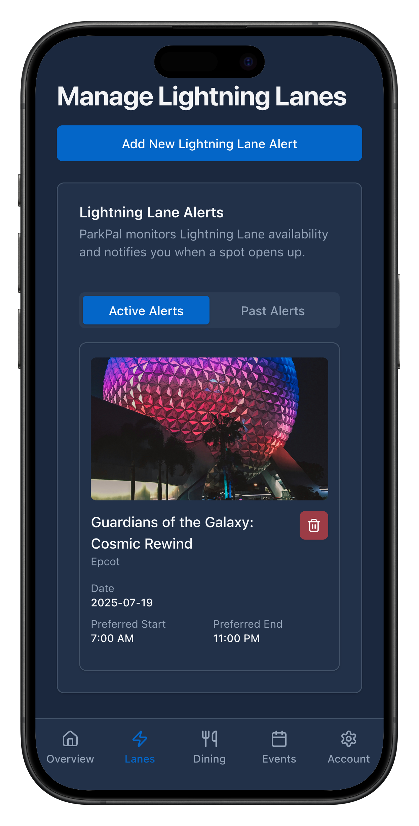 ParkPal Mobile App Interface showing real-time Disney World availability alerts